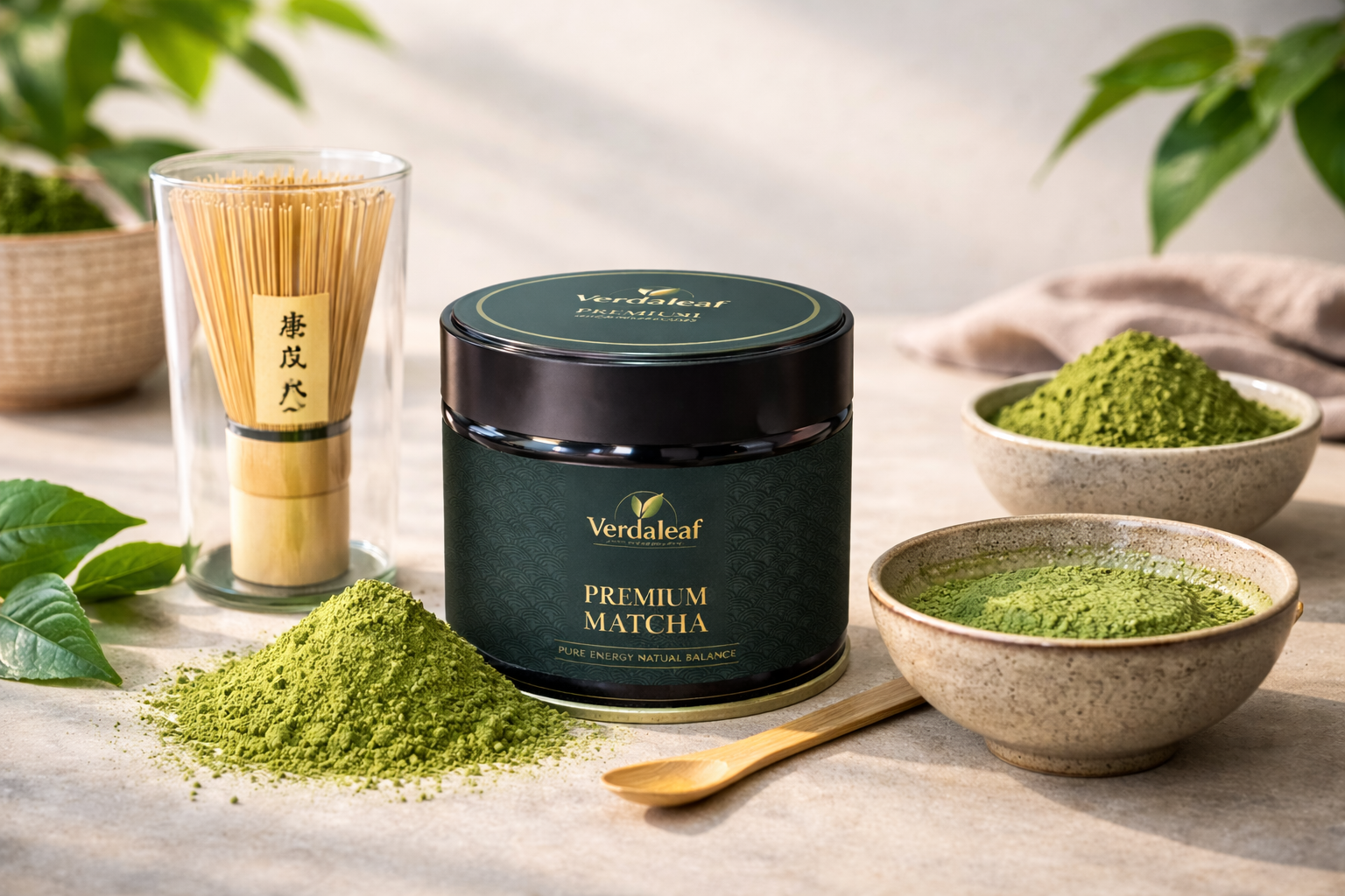 Verdaleaf Premium Matcha container with matcha powder on a wooden surface