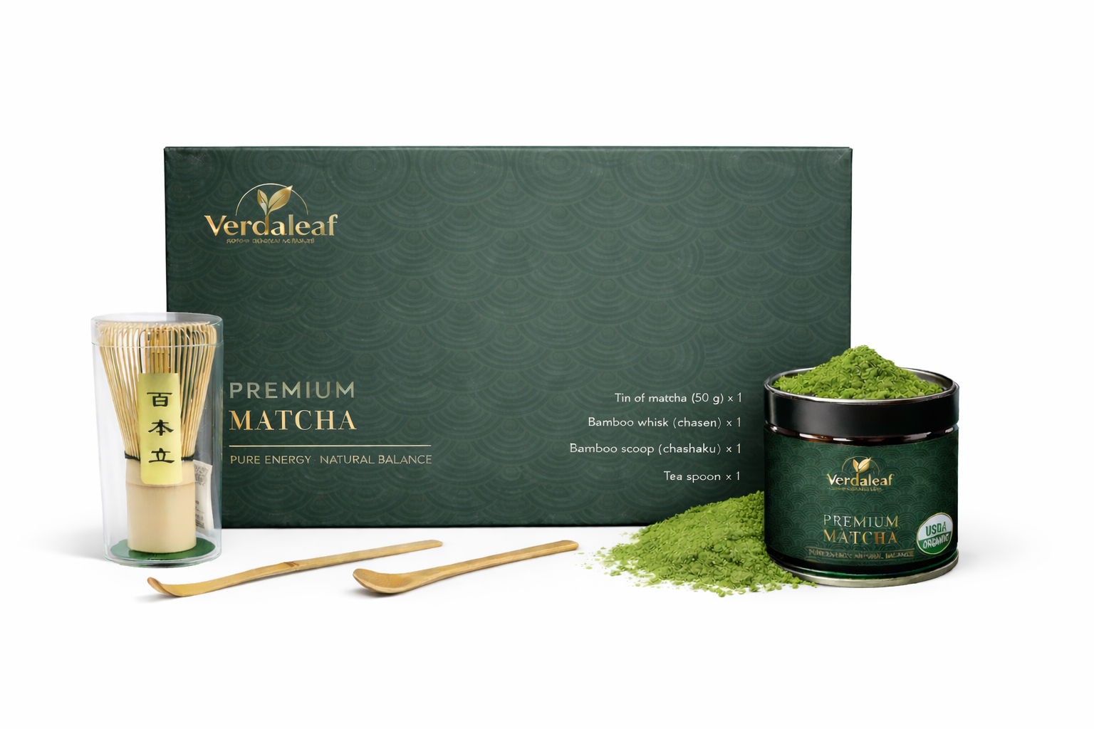 Vercleaf Premium Matcha set with green tea powder, packaging, and utensils on a white background