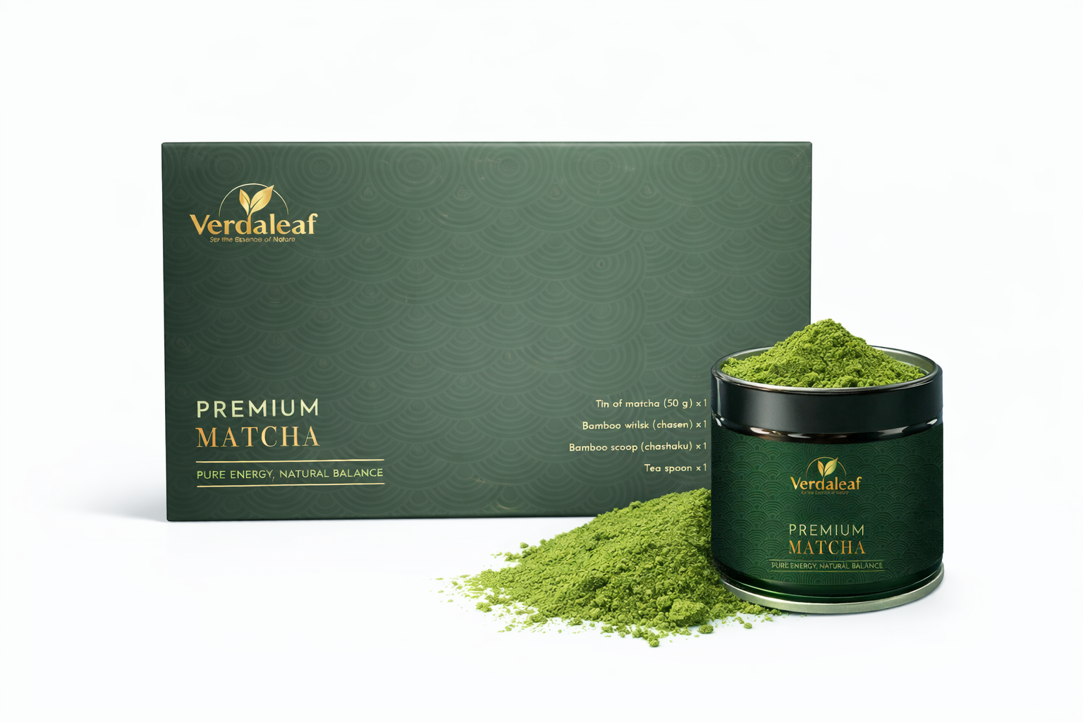 Verdaleaf Premium Matcha packaging with matcha powder on a white background