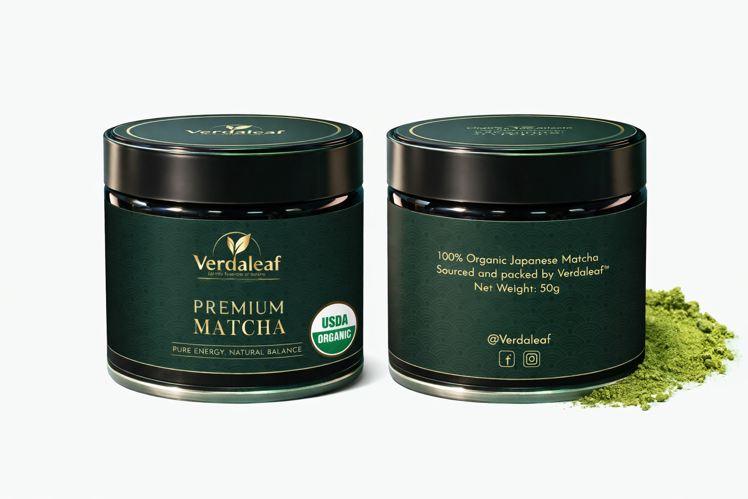 Two containers of Verdaleaf Premium Matcha with matcha powder on a white background